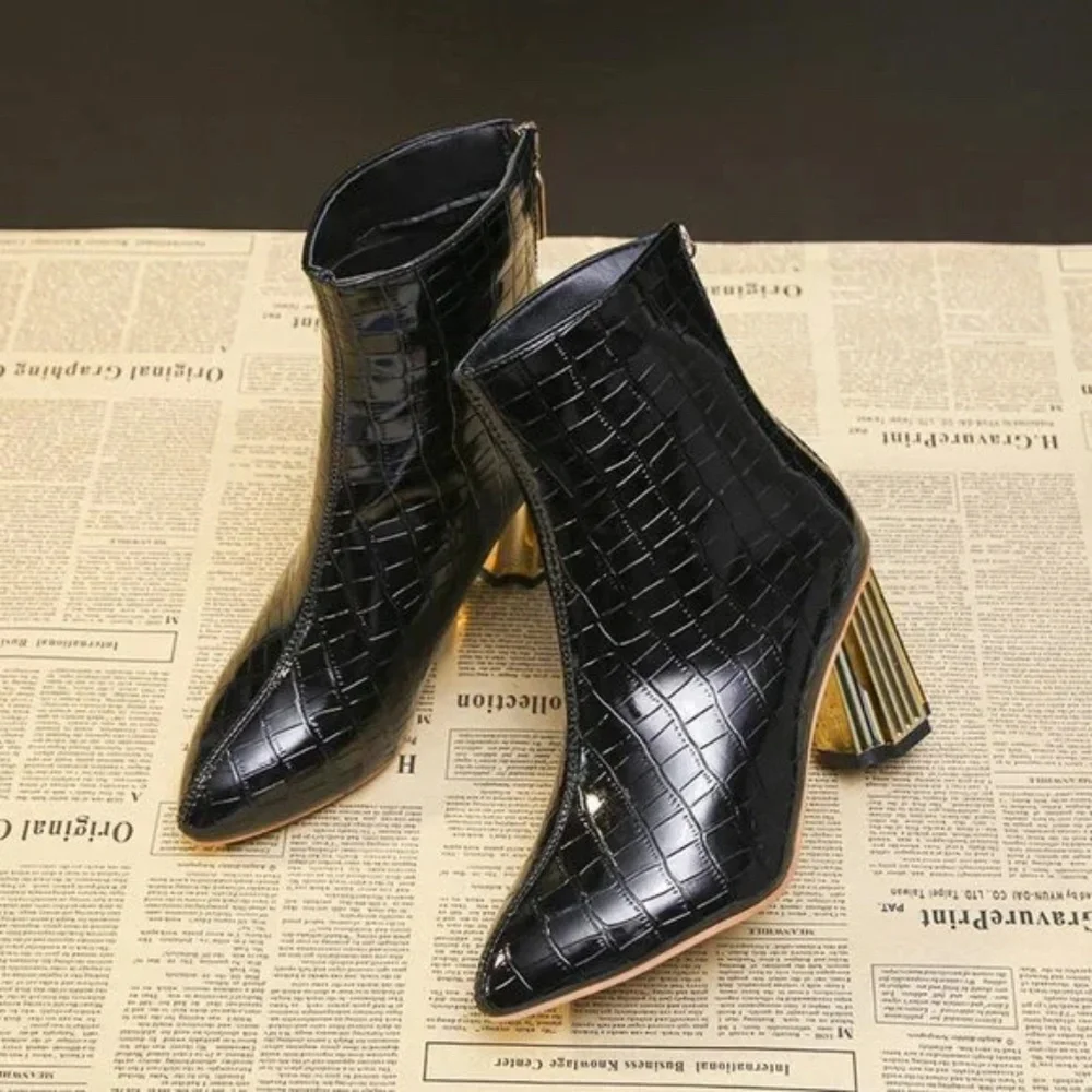 zipper ankle boots women's metal heel embossed shiny leather nude boots - Picture 5 of 9